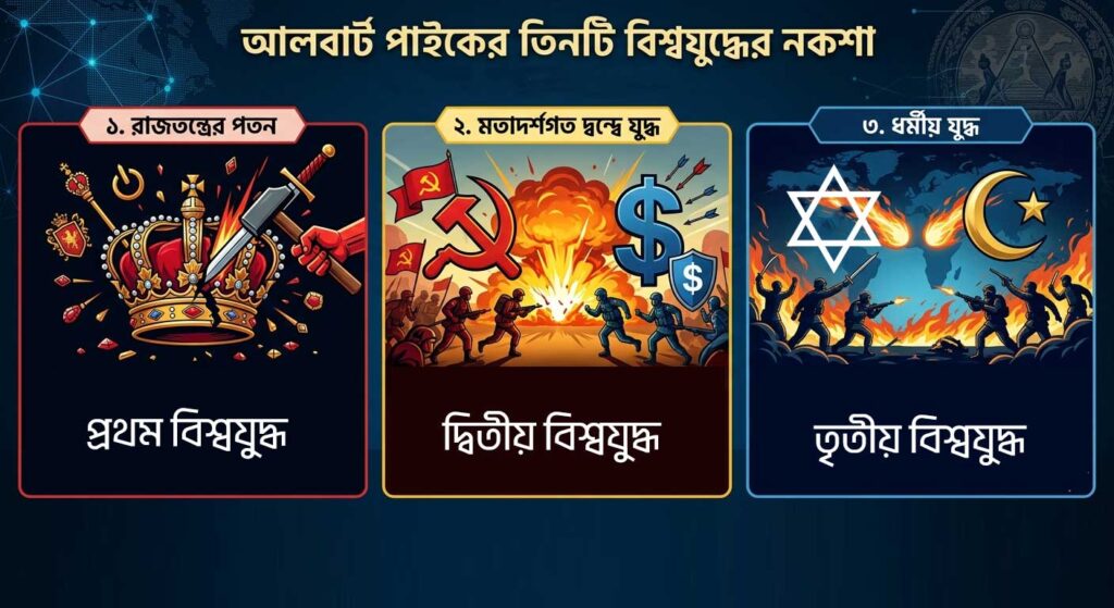 আলবার্ট পাইকের প্রথম বিশ্বযুদ্ধ, দ্বিতীয় বিশ্বযুদ্ধ ও তৃতীয় বিশ্বযুদ্ধের নকশা